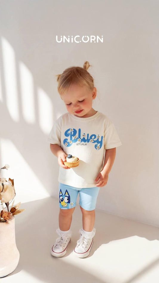 Bluey-themed Matching Outfit Featuring Cream-colored T-shirt Paired with Light Blue Biker Shorts