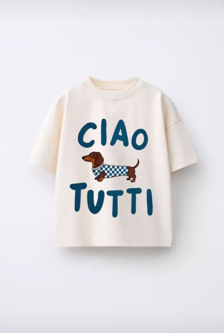 White T-shirt Featuring "Ciao Tutti" Graphic and Dachshund dog.