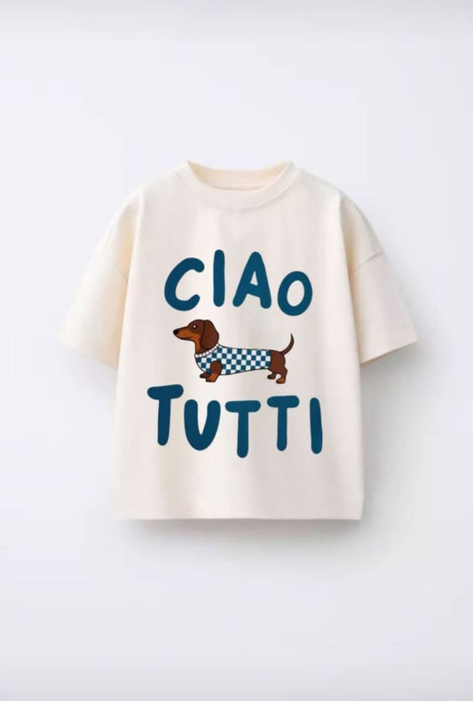 White T-shirt Featuring "Ciao Tutti" Graphic and Dachshund dog.
