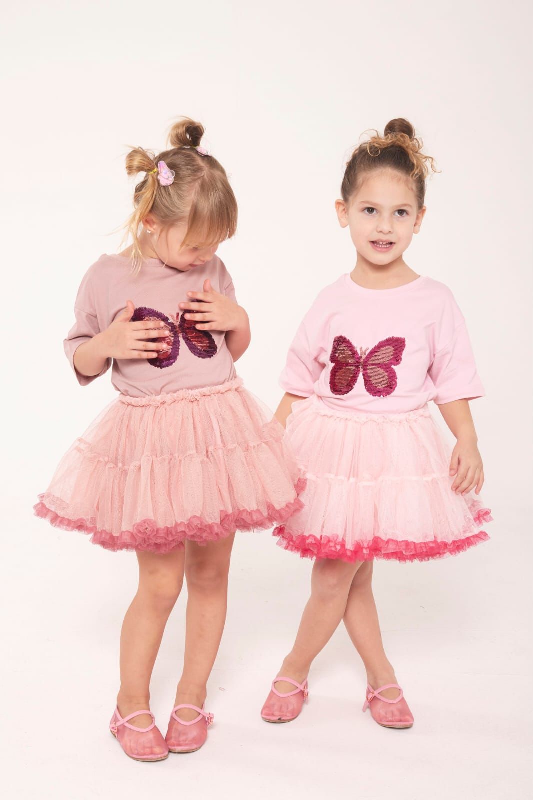 Pinkito Kids Sequined Butterfly T-shirt and Pink Ruffled Tutu Skirt Sets