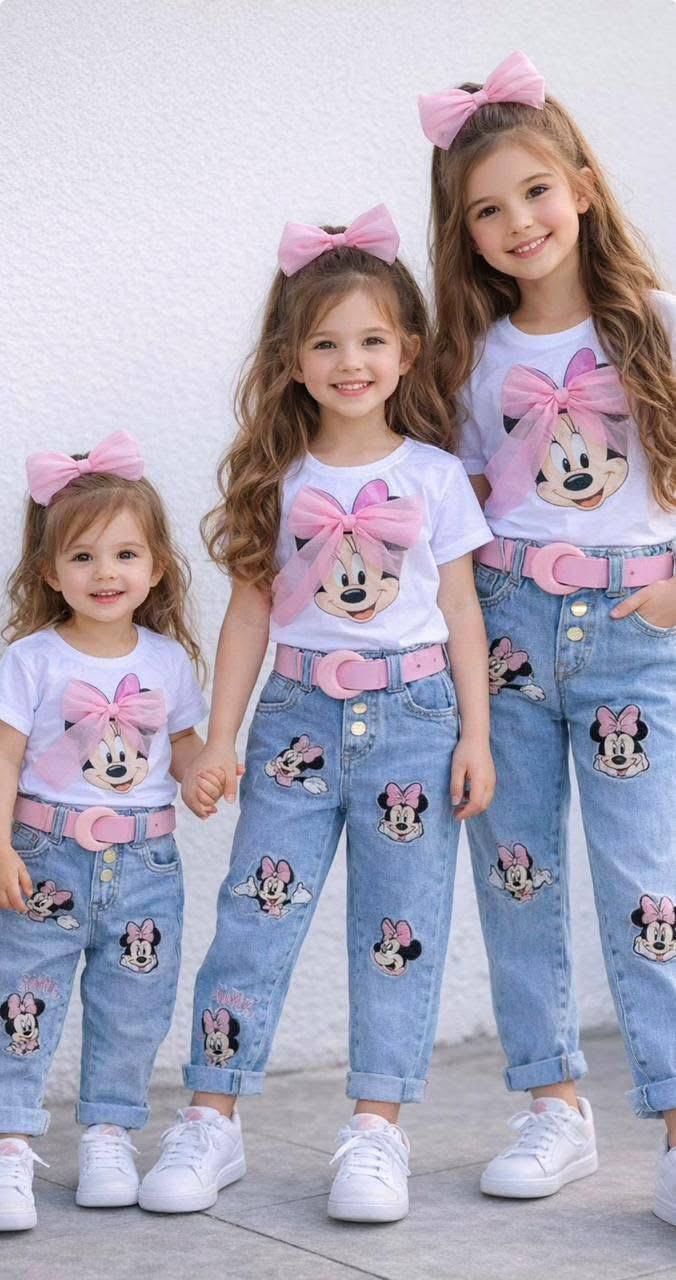 White Minnie Mouse Themed T-shirt Paired with Embroidered Light-Wash Jeans and Pink Belt