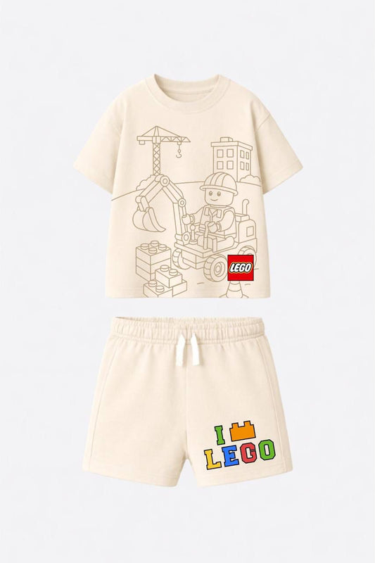 Kids LEGO Construction-Themed Two-Piece Short Cream Set