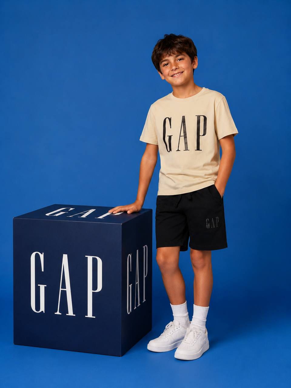 GAP Boys' Set Featuring Beige Graphic T-shirt and Black Shorts