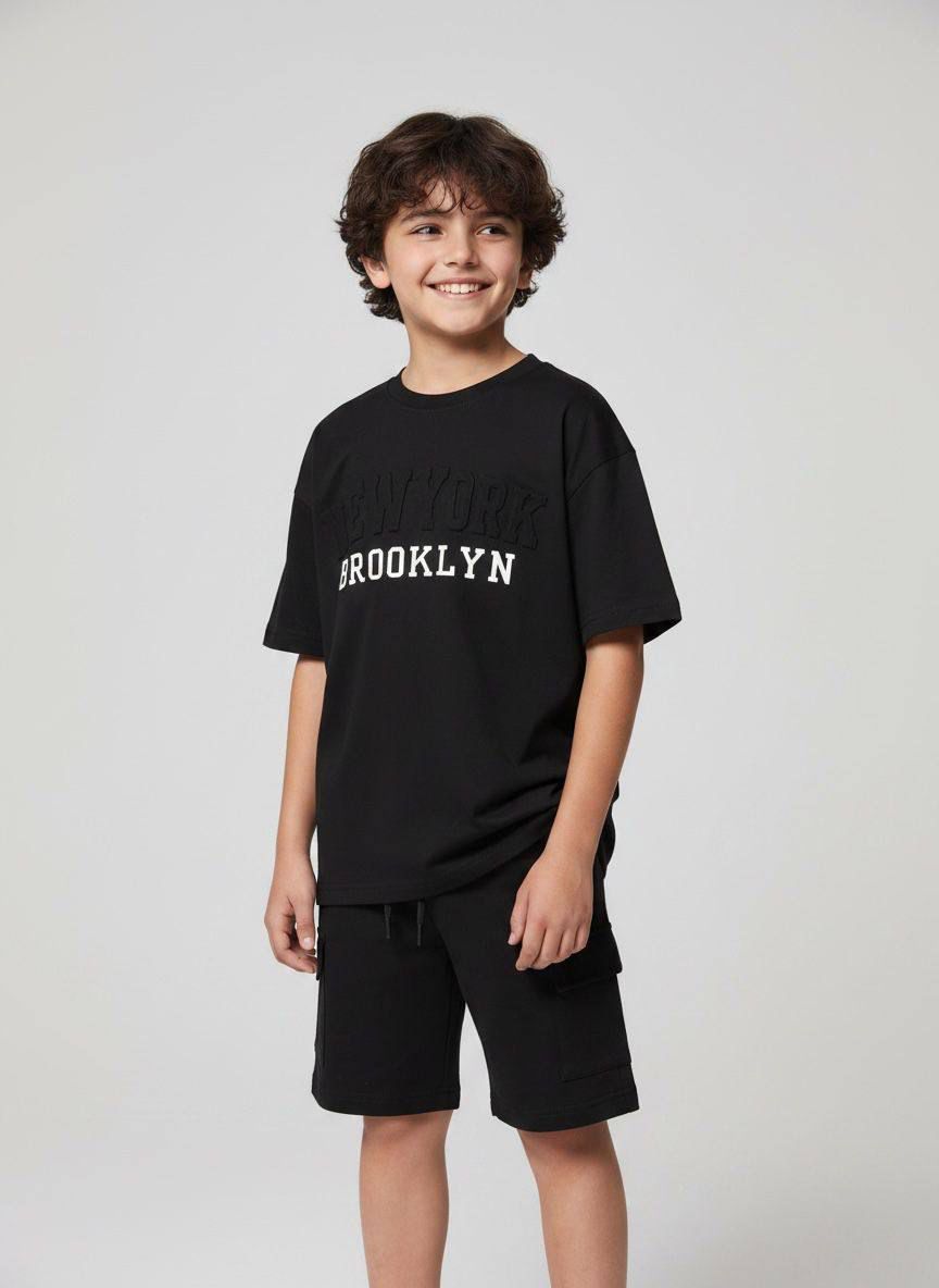 Black "BROOKLYN" Oversized Graphic T-shirt Paired with Black Shorts
