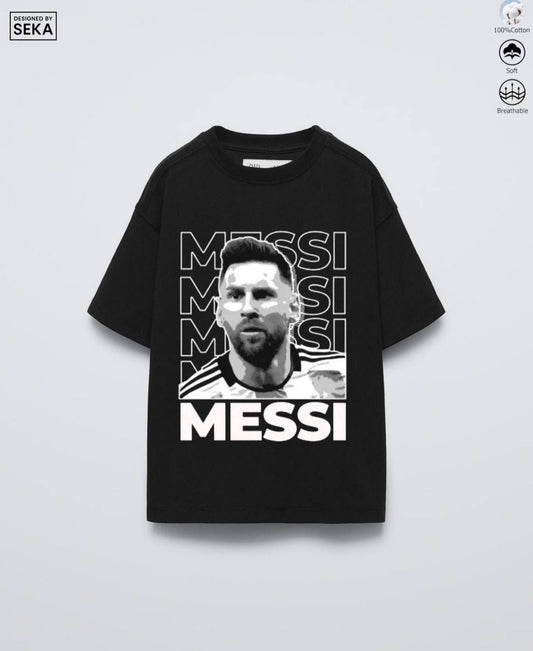 Black Graphic T-shirt Featuring Portrait of Lionel Messi