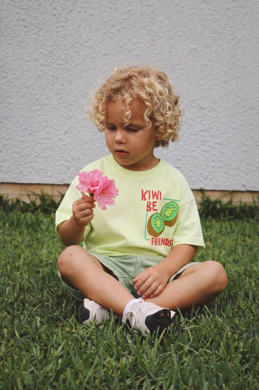 Kids’ "Kiwi Be Friends?" Graphic T-shirt & Cargo Denim Shorts Set