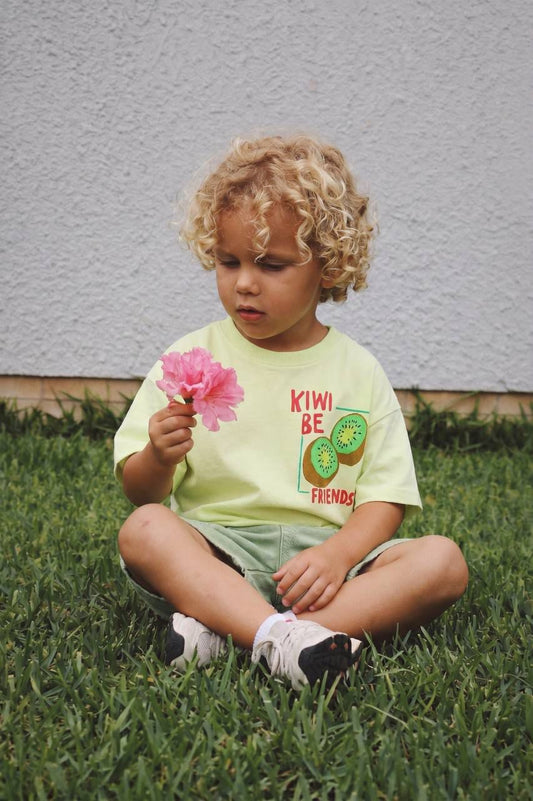 Kids’ "Kiwi Be Friends?" Graphic T-shirt & Cargo Denim Shorts Set