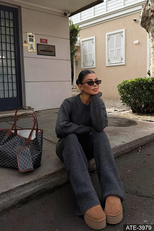 Charcoal Grey Knit Zip-Up Jacket & Wide-Leg Trousers Set