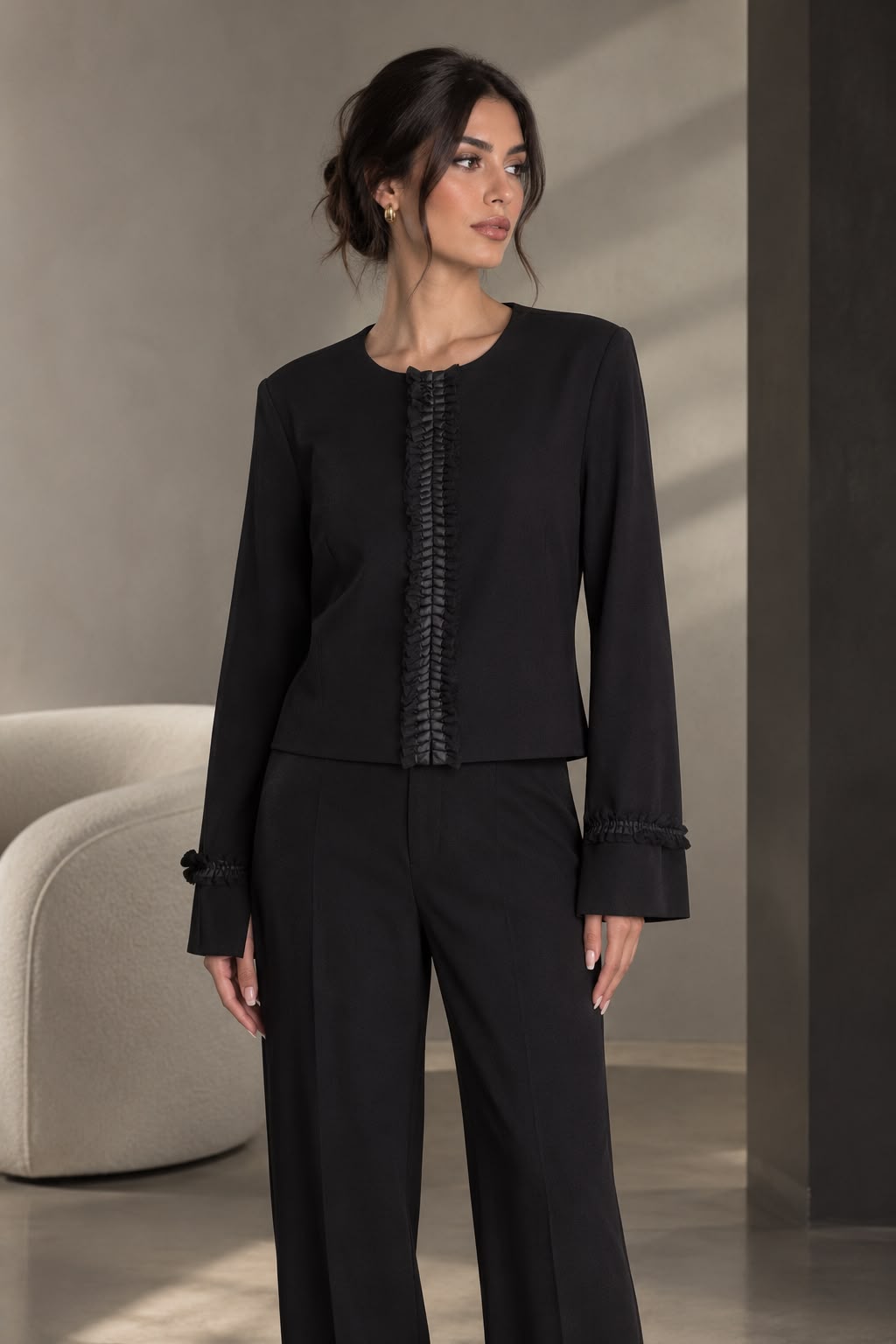 Black Trim-Detail Long-Sleeve Top
