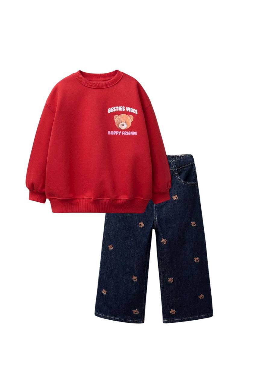 Laciel Paris teddy Print Sweatshirt with Embroidered Denim Jeans Set