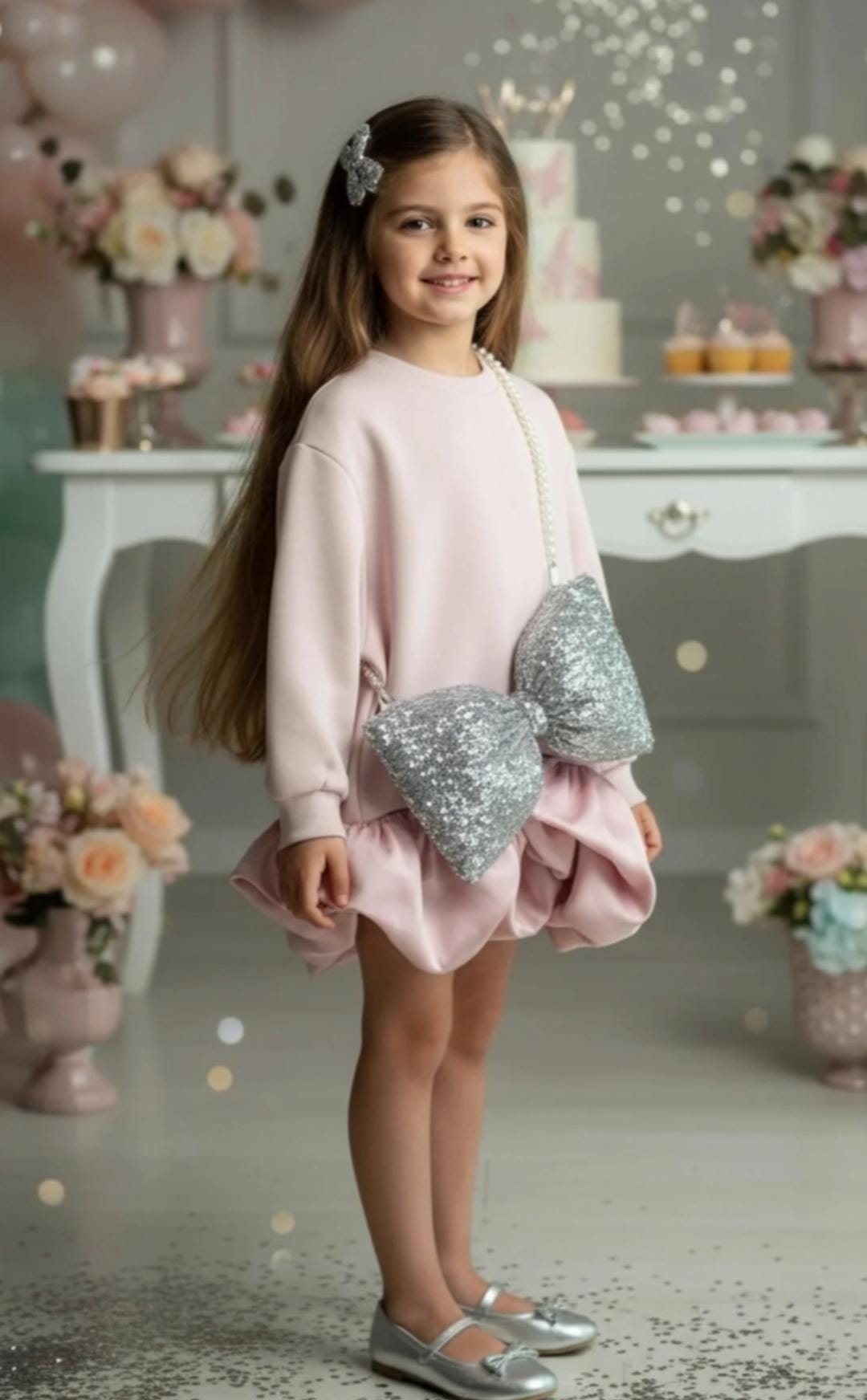 Baby Pink Puffy dress with Satan ruffles with glittery bow-tie bag