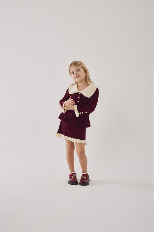 Girls Burgundy Triko Set - sweater with collar and skirt