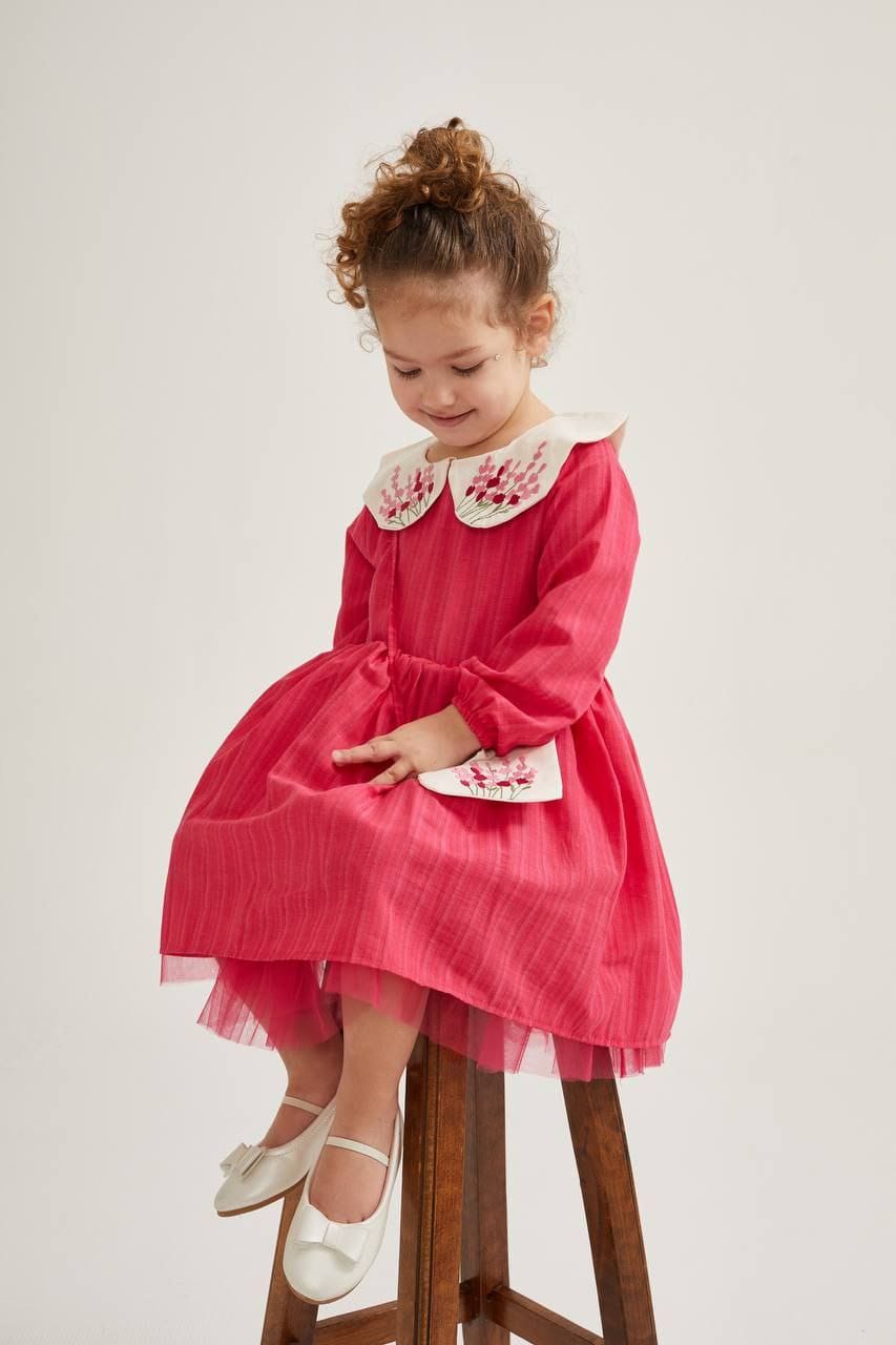 Rose Pink Floral Dress with embroidered collar and bag