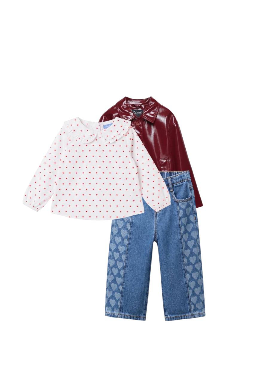 Teeny Weeny Kids Girls' shiny Leather Jacket Set with White Chemise, jeans and cap