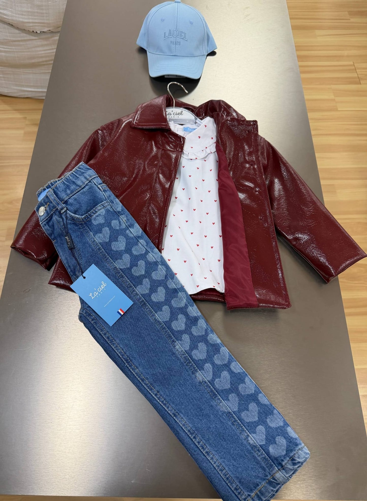 Teeny Weeny Kids Girls' shiny Leather Jacket Set with White Chemise, jeans and cap