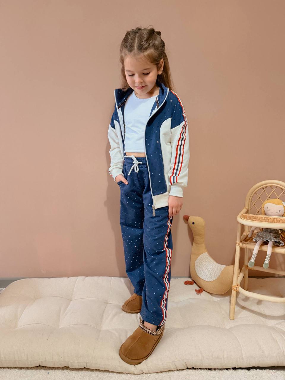 Stone Print Fabric Striped Zippered Girls Tracksuit Set
