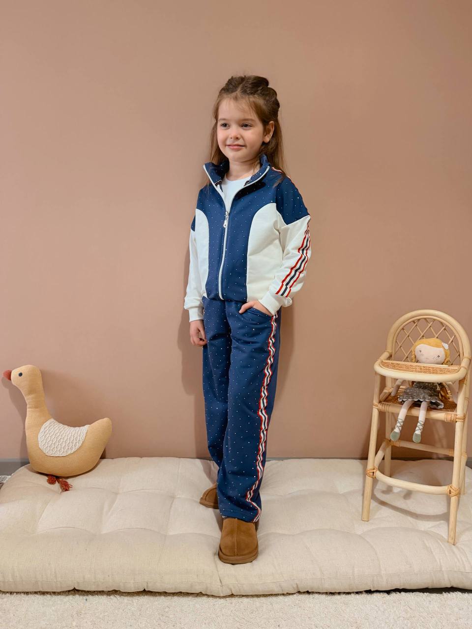 Stone Print Fabric Striped Zippered Girls Tracksuit Set