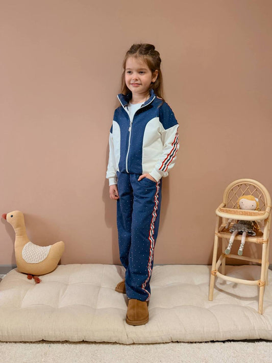 Stone Print Fabric Striped Zippered Girls Tracksuit Set