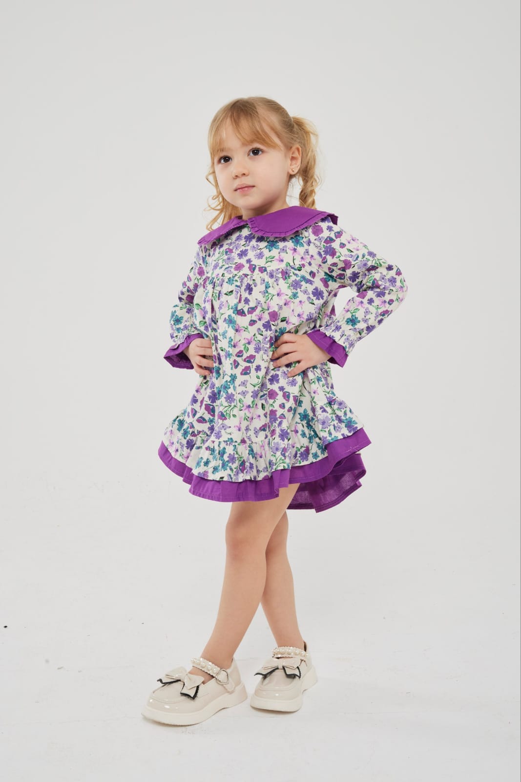 Purple floral dress with ruffles