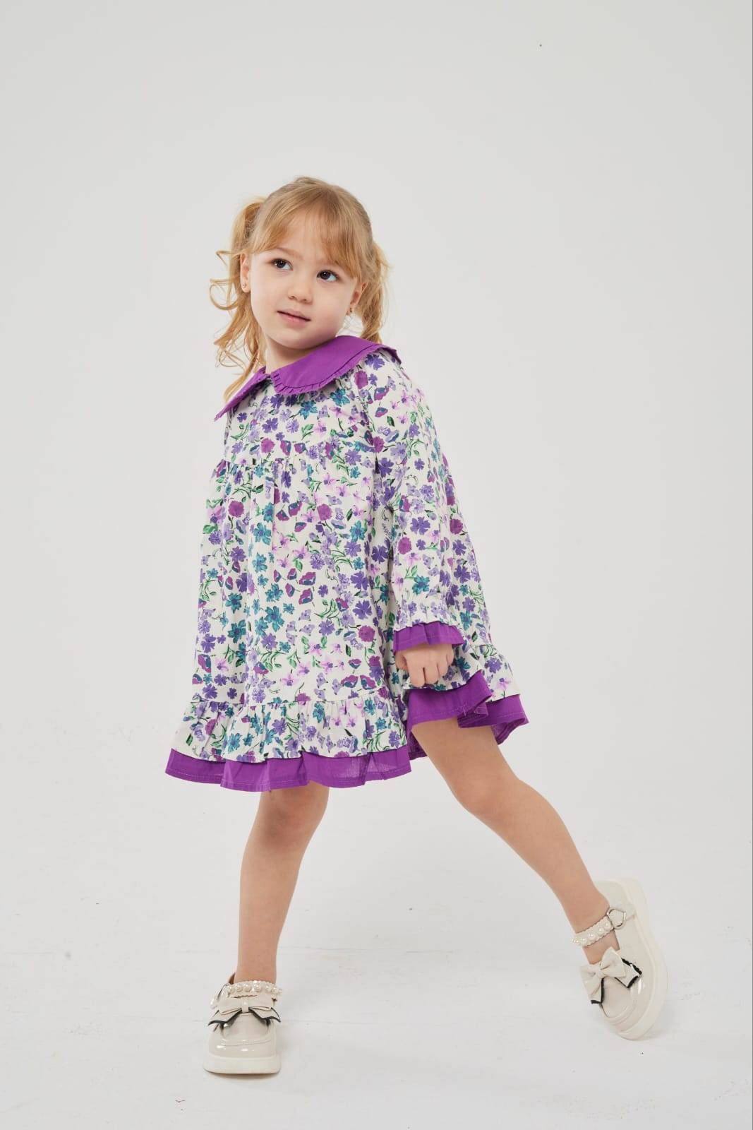 Purple floral dress with ruffles