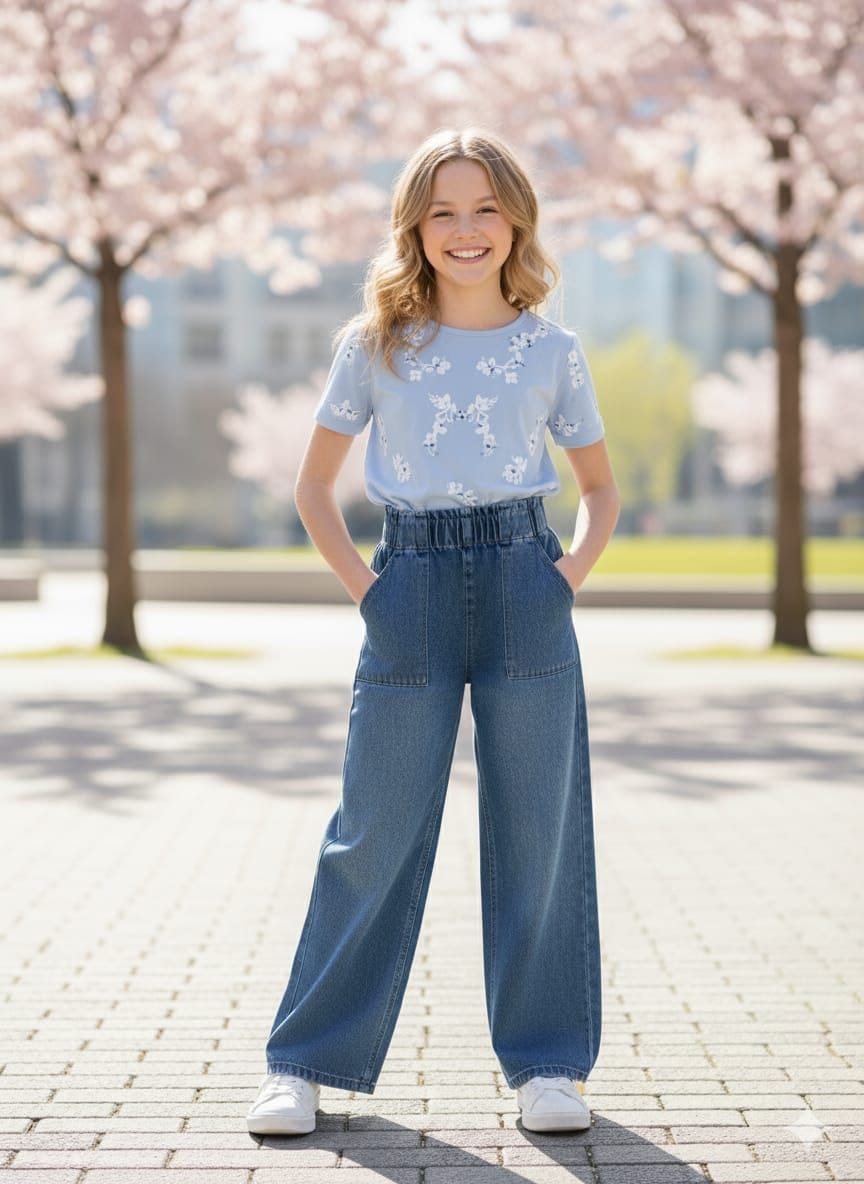 Girls Wide leg Jeans with Elastic Waist
