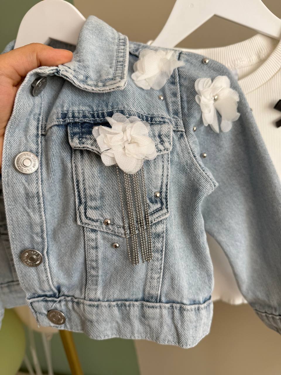 Girls 3 Piece Casual Jeans Set - Denim with White flowers