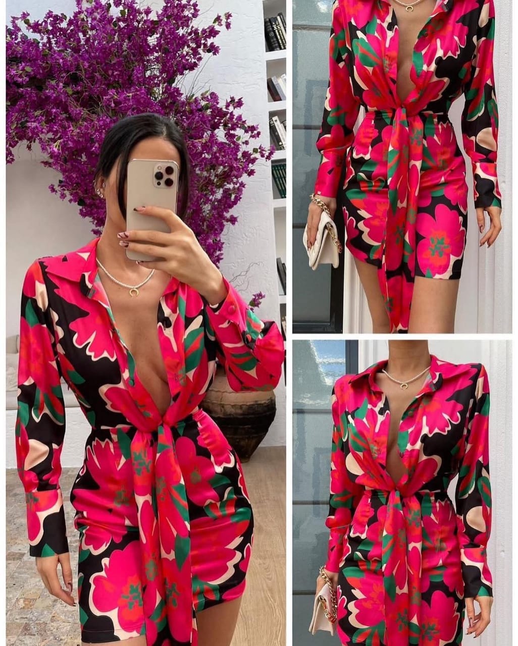 Deep V Neck Belted Dress