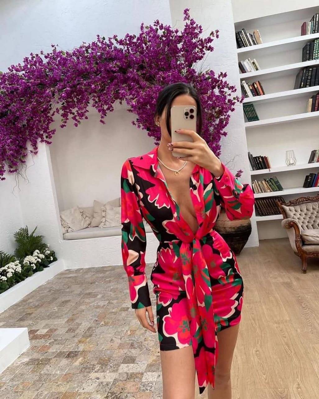 Deep V Neck Belted Dress