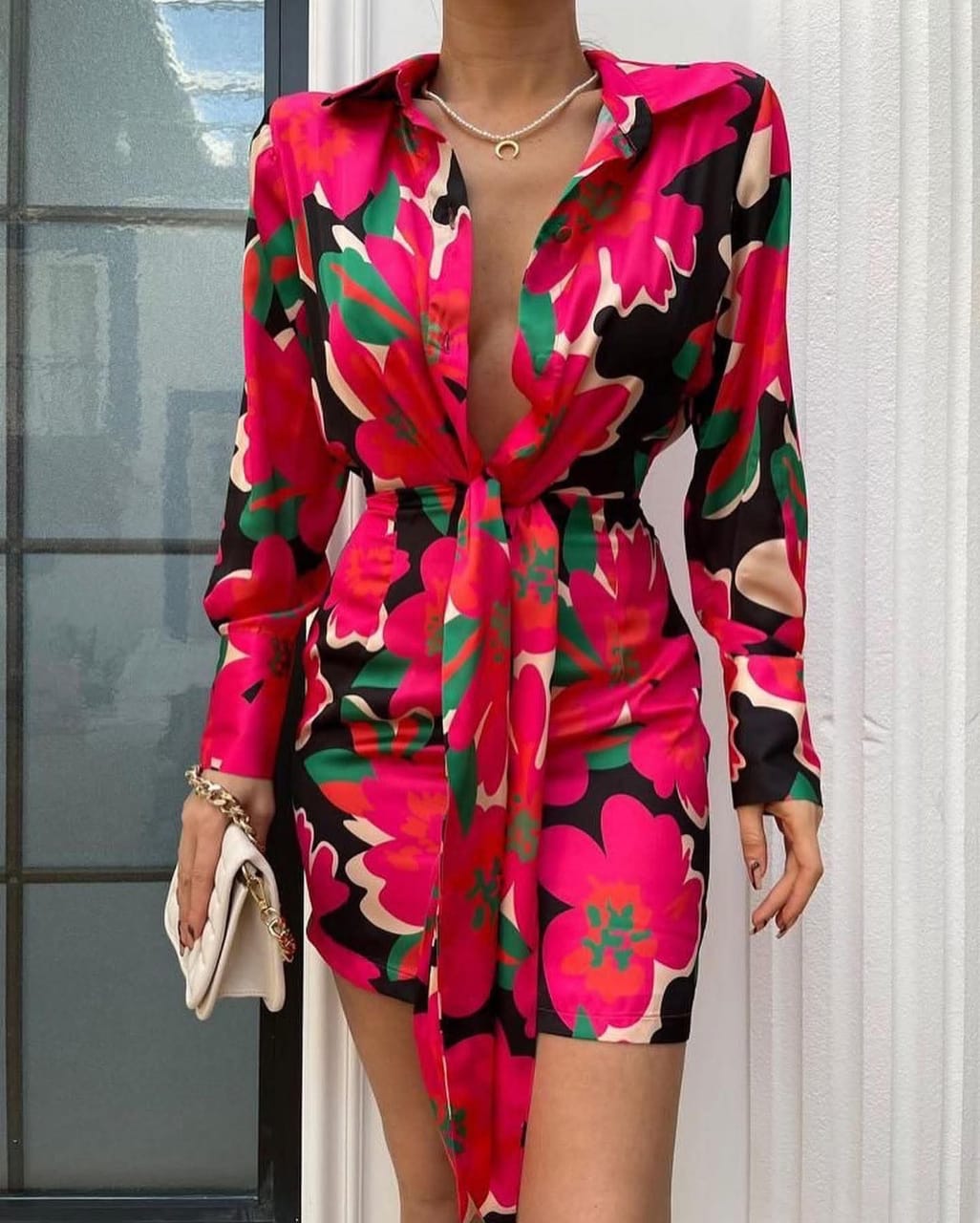 Deep V Neck Belted Dress