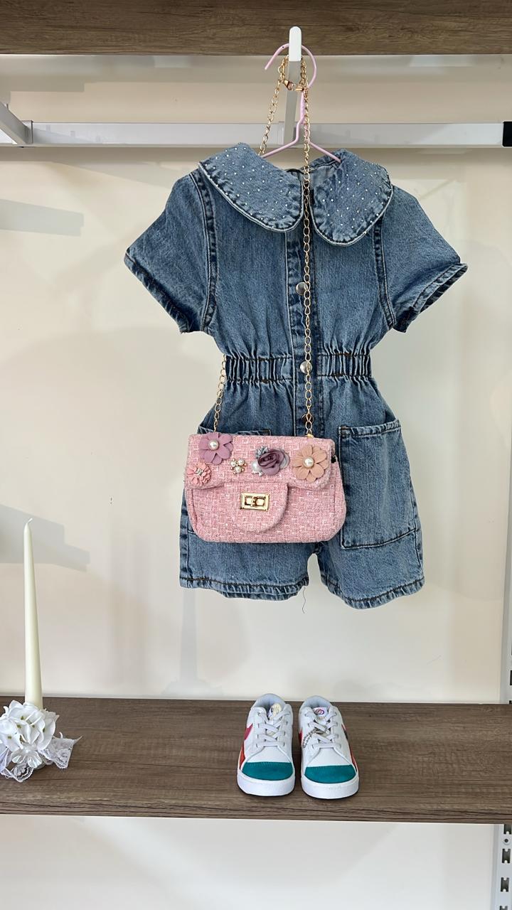 Elastic Waist Denim Jumpsuit with Rhinestone Detail on its Collar