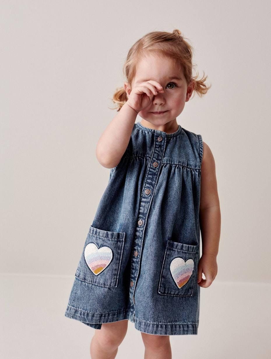 Blue Denim Sleeveless Dress with Rainbow Heart Detail