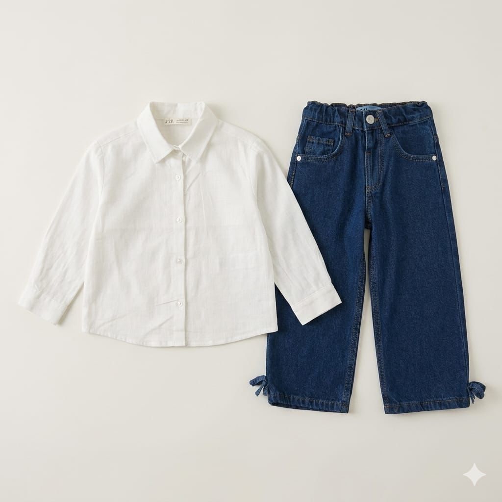 Girls’ Dark Wash Wide-Leg Denim with Bow Detail