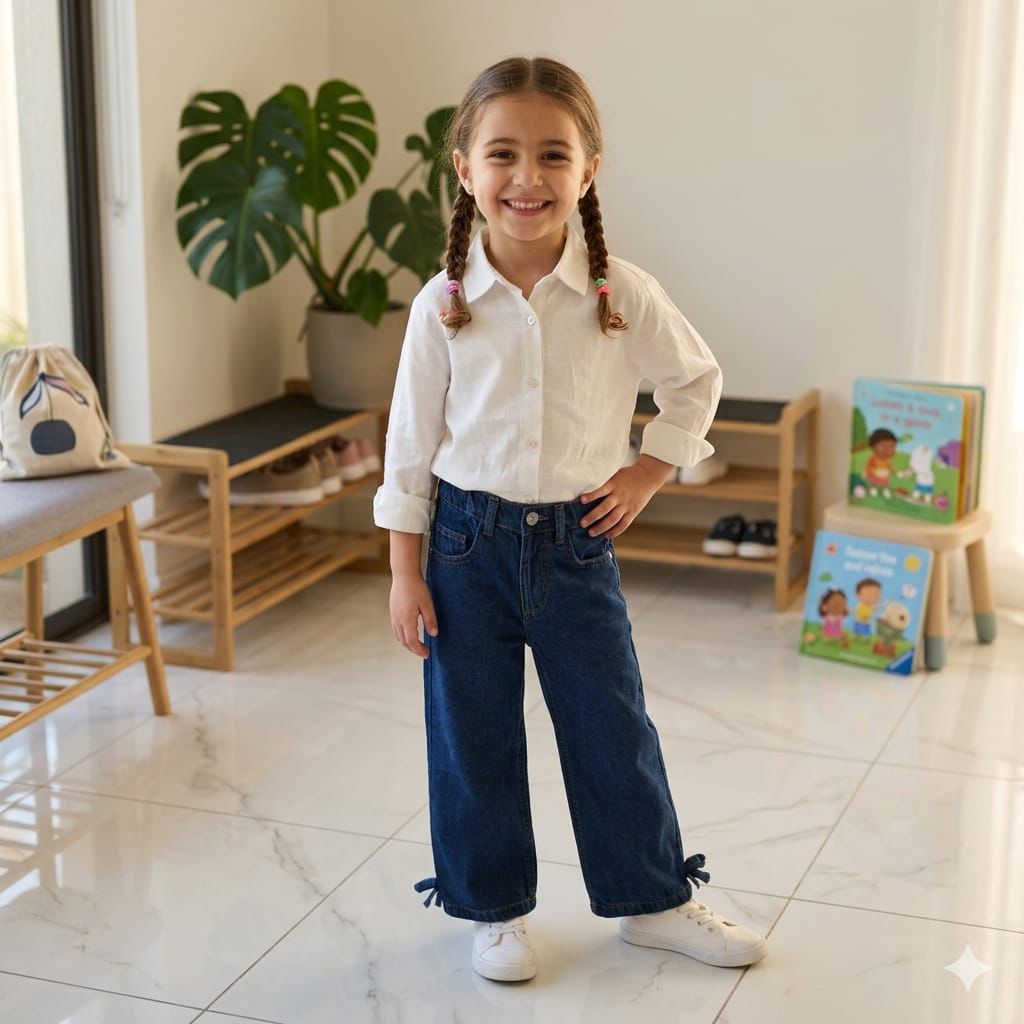 Girls’ Dark Wash Wide-Leg Denim with Bow Detail