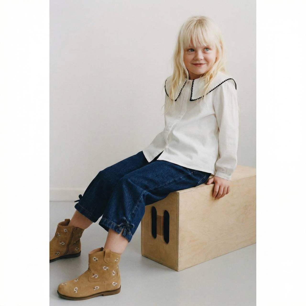 Girls’ Dark Wash Wide-Leg Denim with Bow Detail