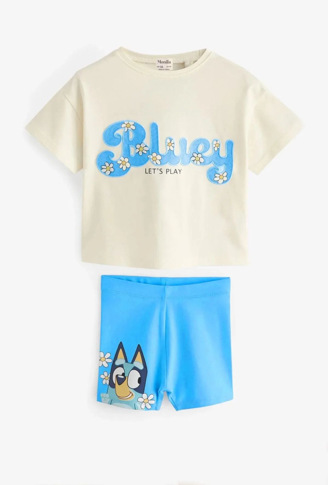 Bluey-themed Matching Outfit Featuring Cream-colored T-shirt Paired with Light Blue Biker Shorts