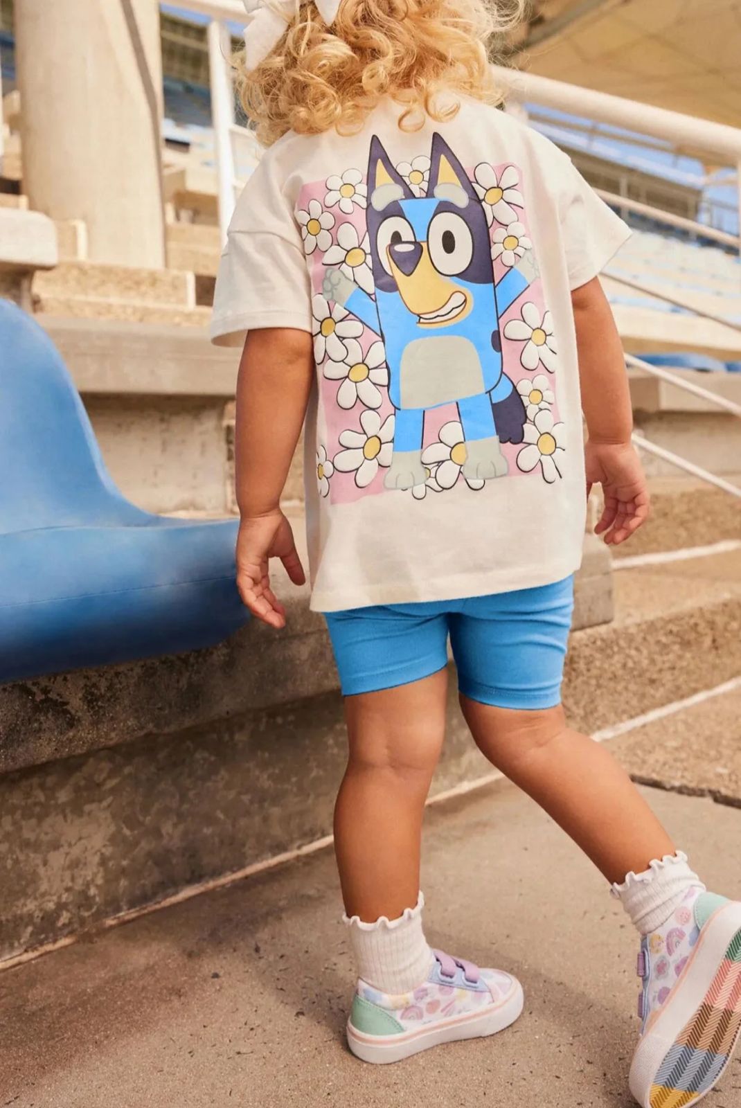 Bluey-themed Matching Outfit Featuring Cream-colored T-shirt Paired with Light Blue Biker Shorts