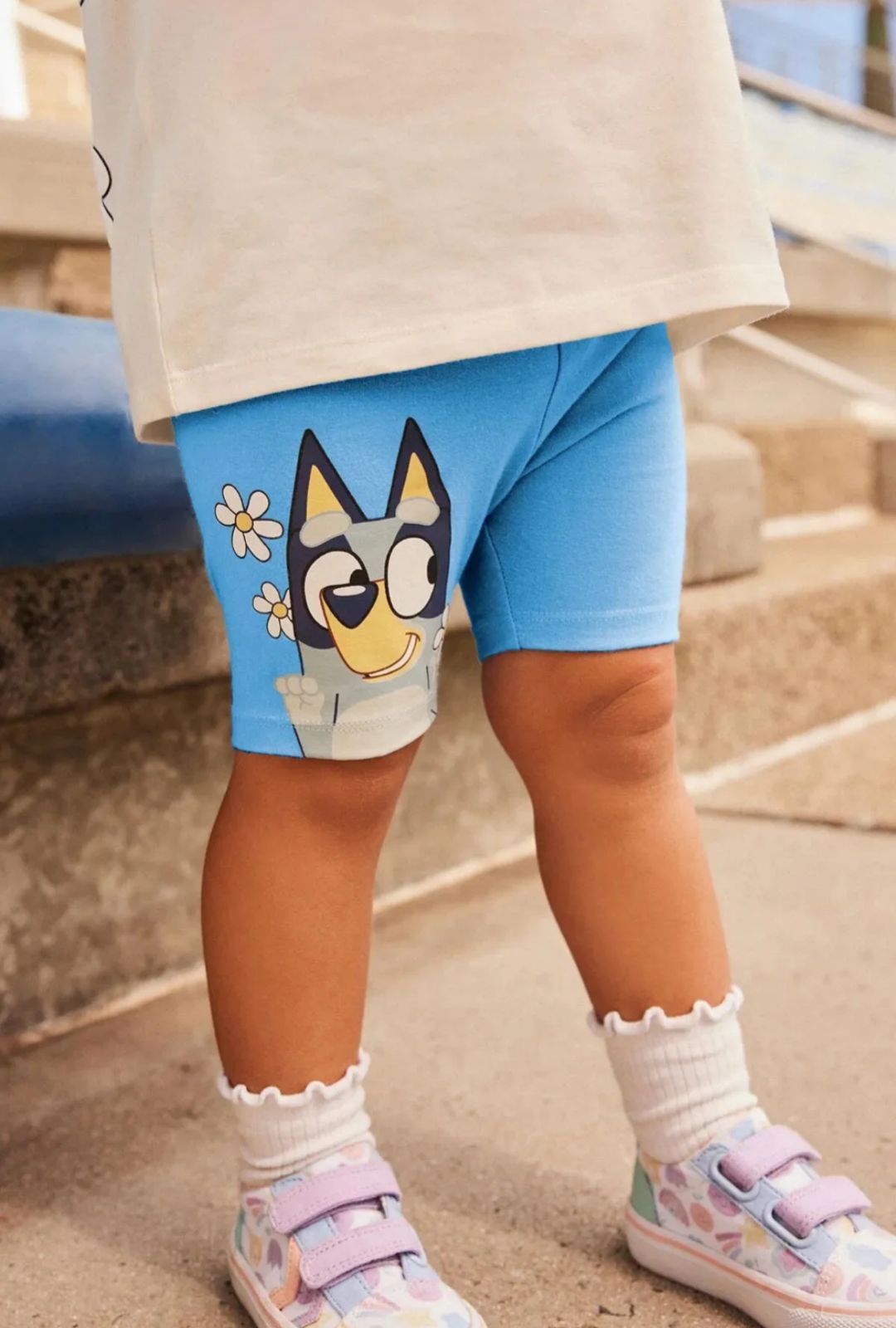 Bluey-themed Matching Outfit Featuring Cream-colored T-shirt Paired with Light Blue Biker Shorts