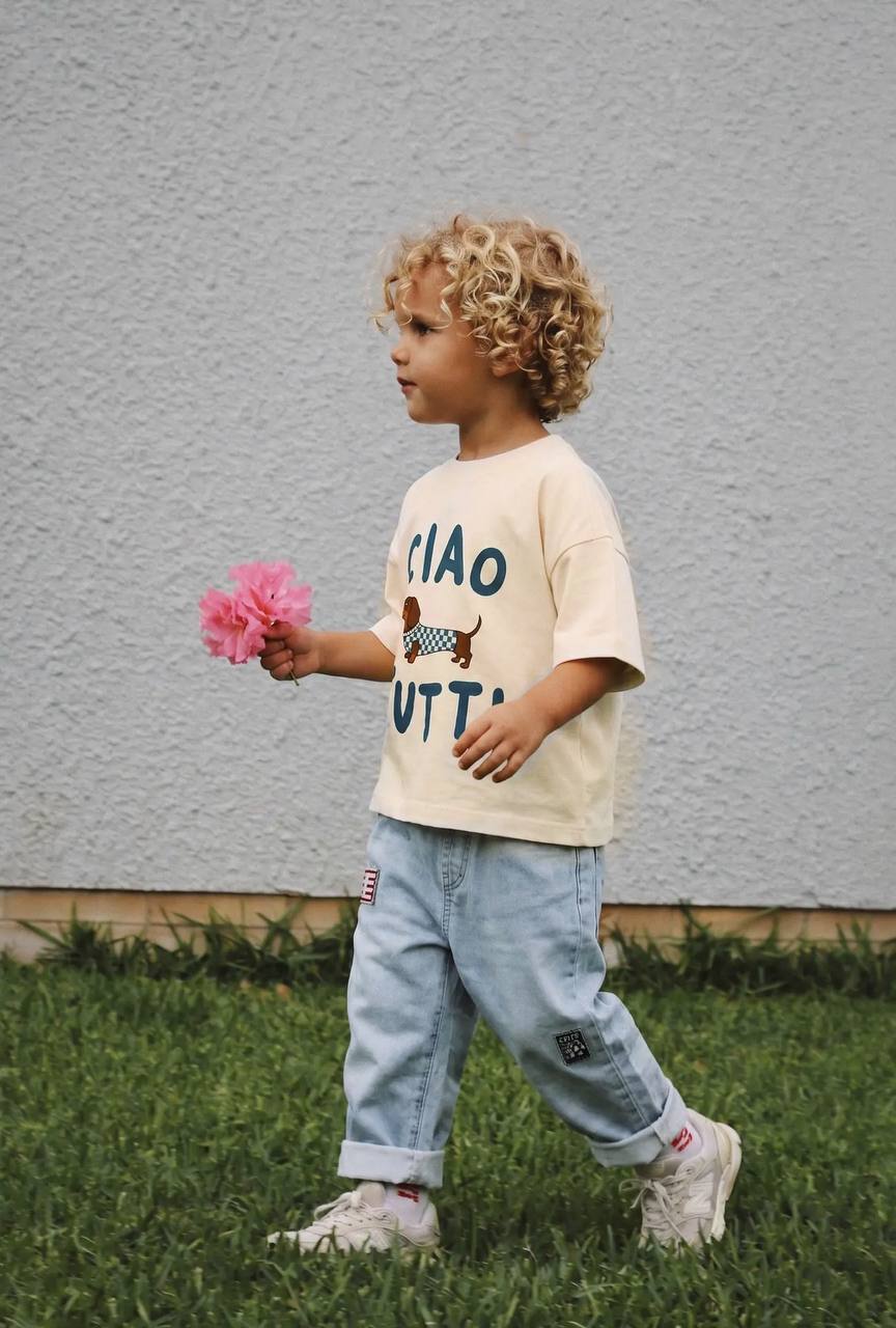 Boys' Cream "Ciao Tutti" T-shirt and Light Blue Jeans Full Outfit