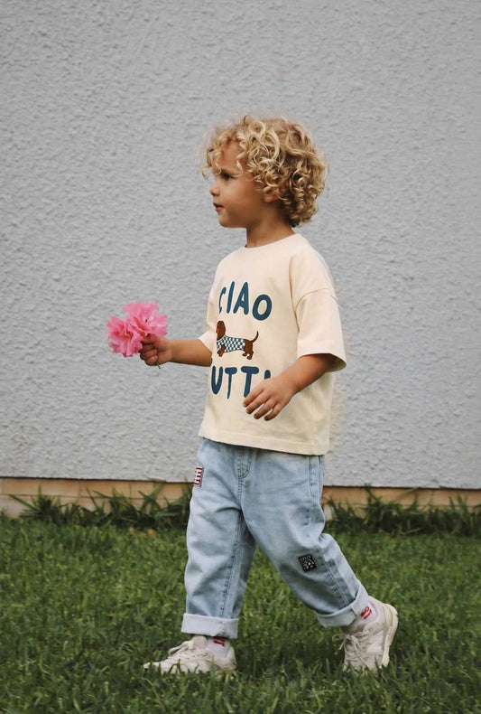 Boys' Cream "Ciao Tutti" T-shirt and Light Blue Jeans Full Outfit