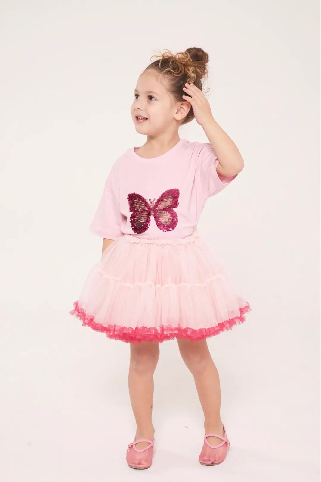 Pinkito Kids Sequined Butterfly T-shirt and Pink Ruffled Tutu Skirt Sets