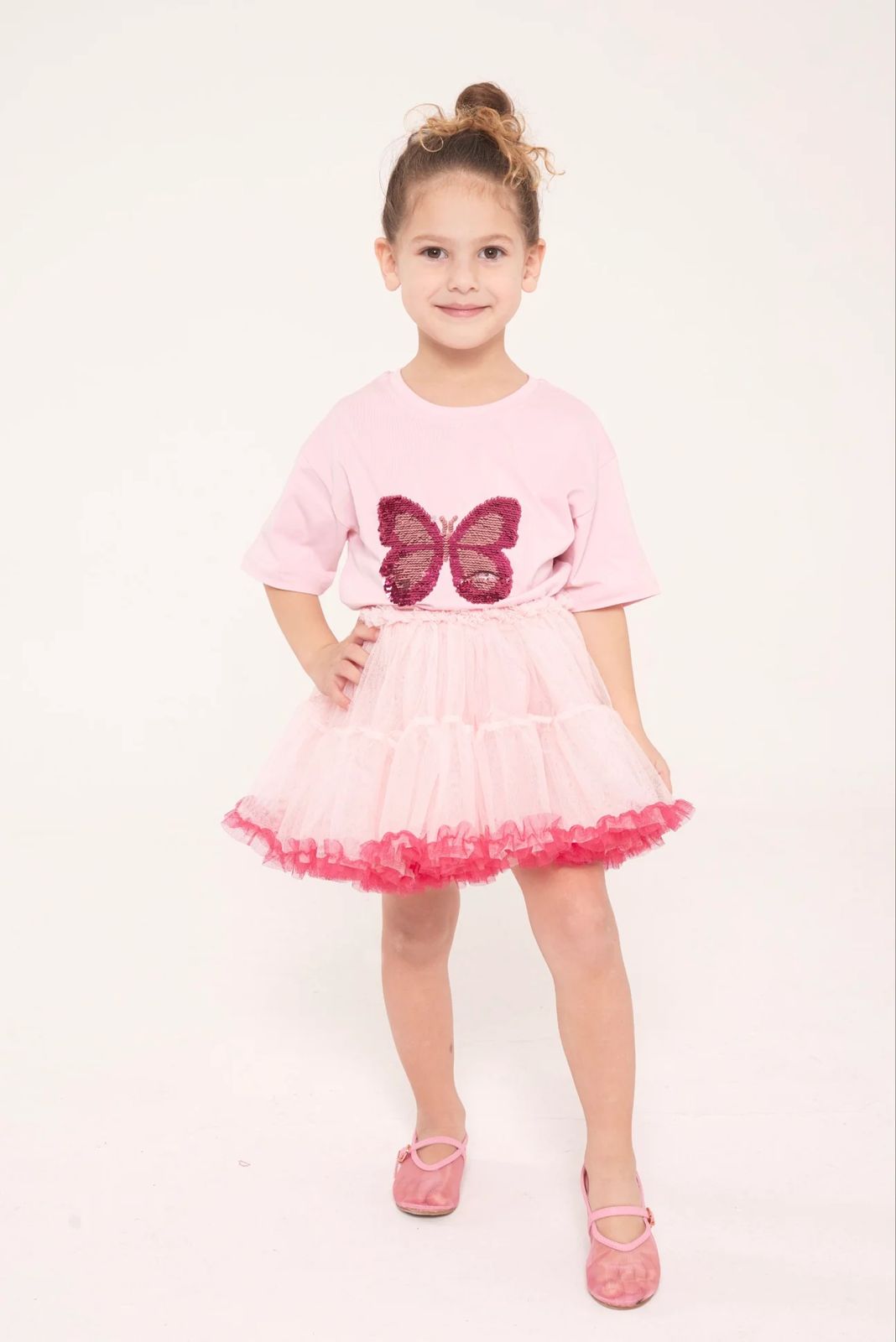 Pinkito Kids Sequined Butterfly T-shirt and Pink Ruffled Tutu Skirt Sets