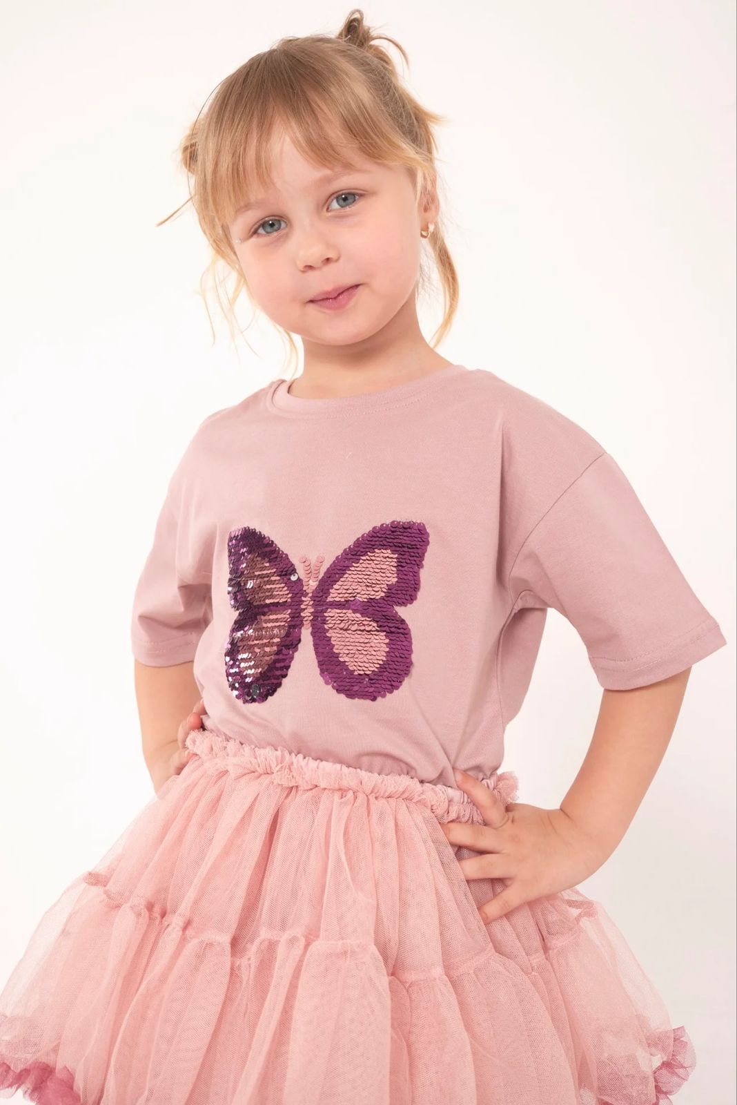 Pinkito Kids Sequined Butterfly T-shirt and Pink Ruffled Tutu Skirt Sets