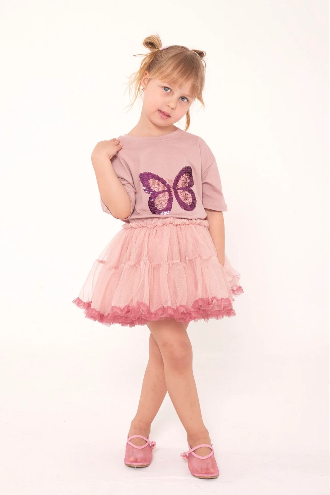 Pinkito Kids Sequined Butterfly T-shirt and Pink Ruffled Tutu Skirt Sets