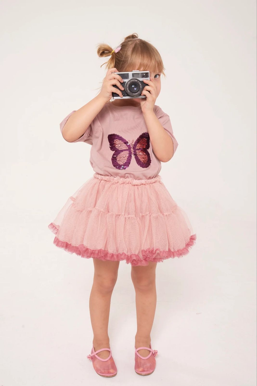 Pinkito Kids Sequined Butterfly T-shirt and Pink Ruffled Tutu Skirt Sets
