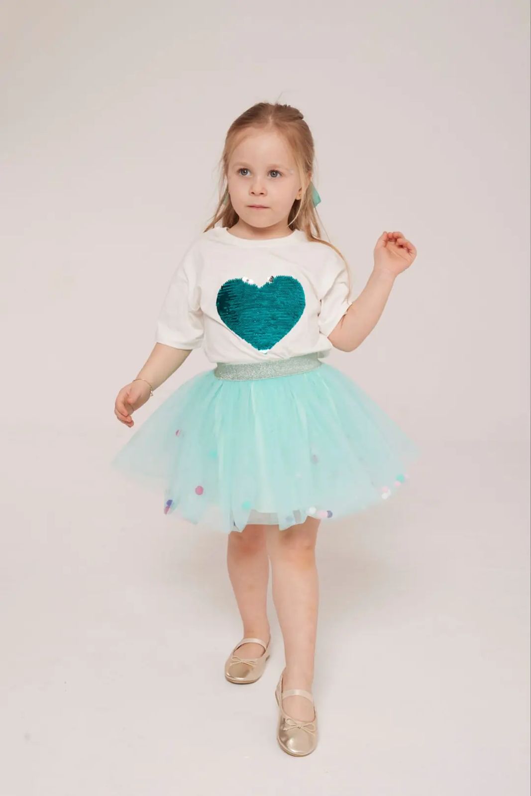 Pom-Pom Tutu Skirt and T-shirt set with a heart detail and Bow Hair Clip