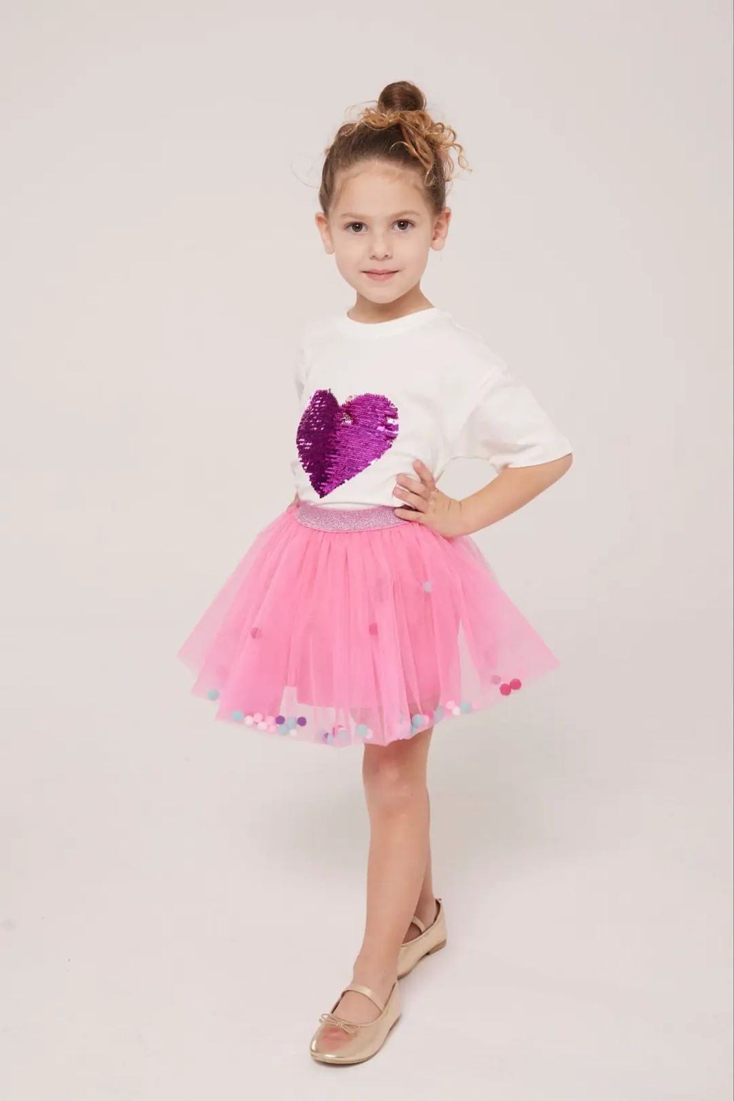 Pom-Pom Tutu Skirt and T-shirt set with a heart detail and Bow Hair Clip