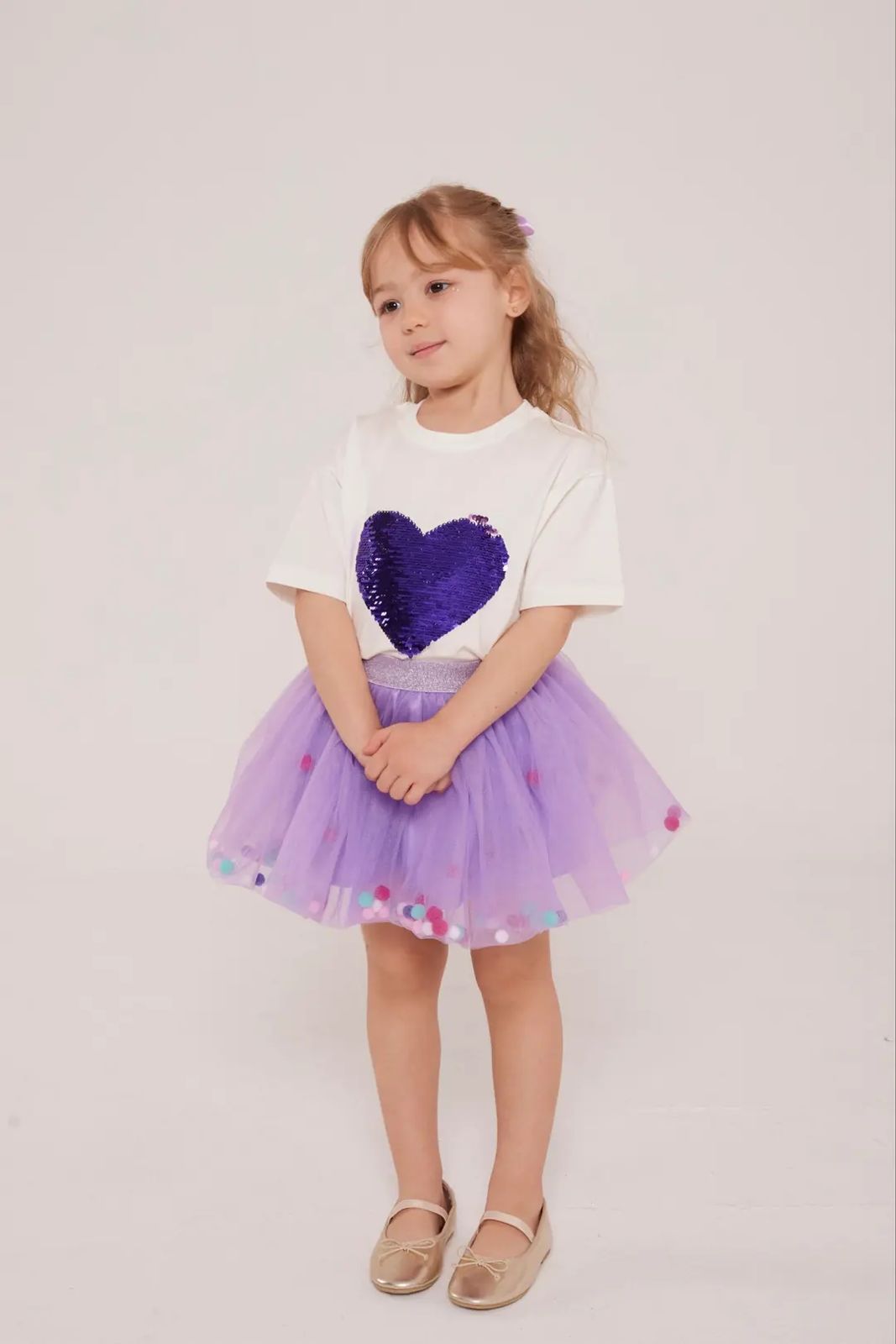 Pom-Pom Tutu Skirt and T-shirt set with a heart detail and Bow Hair Clip