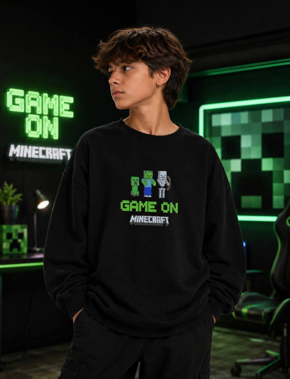 Boy wearing black Minecraft Game On graphic sweatshirt