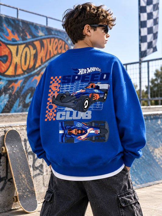 Boy wearing royal blue Hot Wheels Speed Club graphic sweatshirt