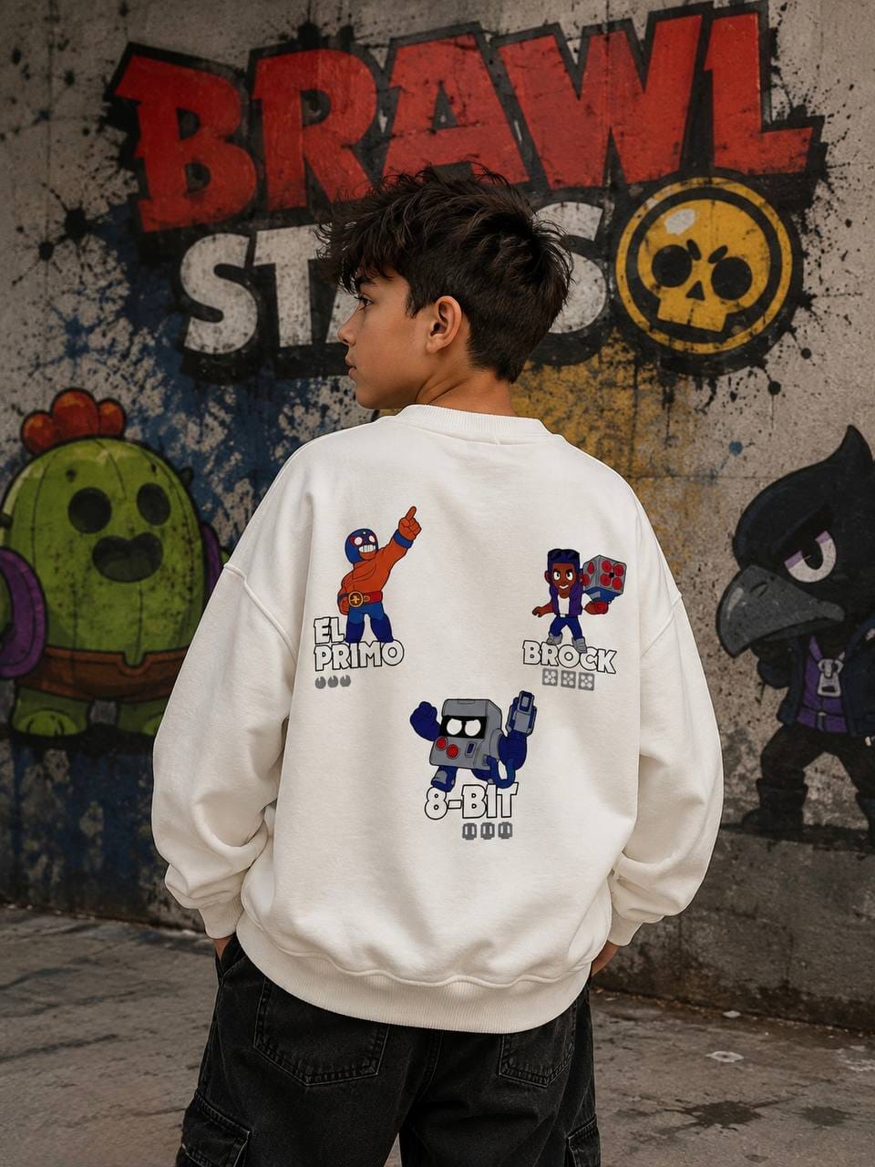 Boy wearing white Brawl Stars El Primo Brock 8-Bit graphic sweatshirt